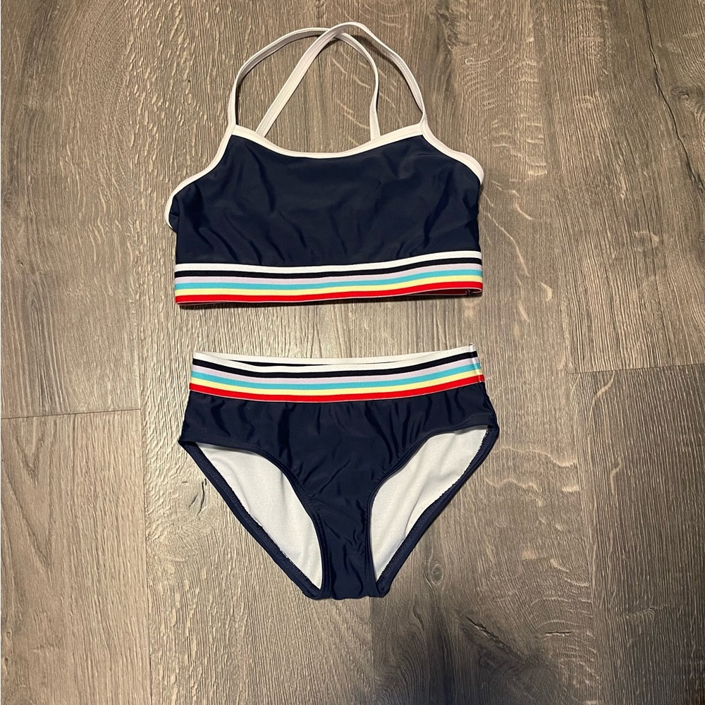 Size 10, girls 2-piece swimsuit navy with rainbow stripes